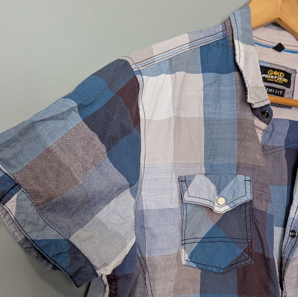 Point Zero‎ Gold Edition Men's Multicolor Plaid Button-Down Short Sleeve Shirt - Picture 7 of 9
